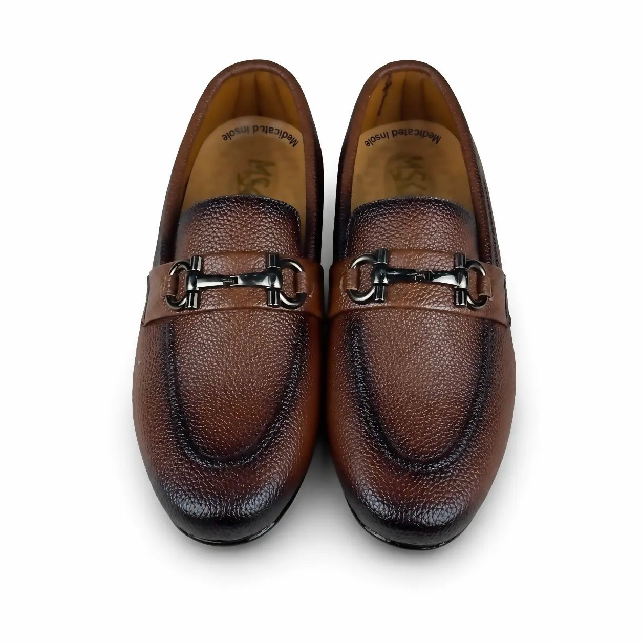 BROWN MILLED BUCKLE MEDICATED LOAFER