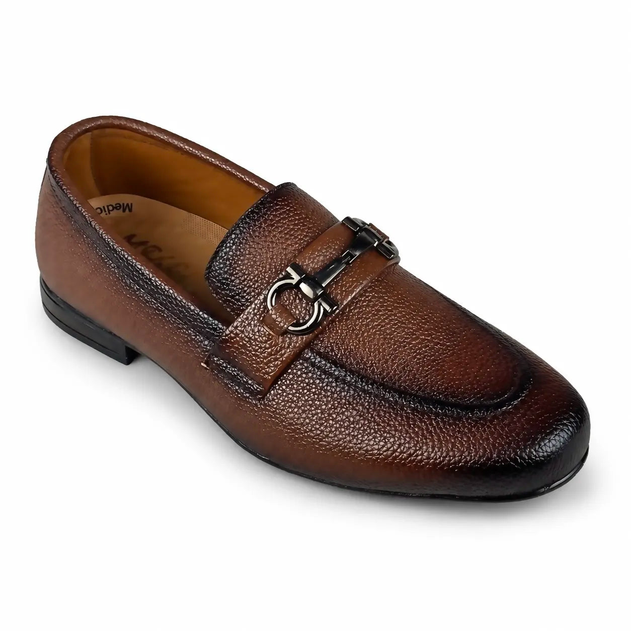 BROWN MILLED BUCKLE MEDICATED LOAFER