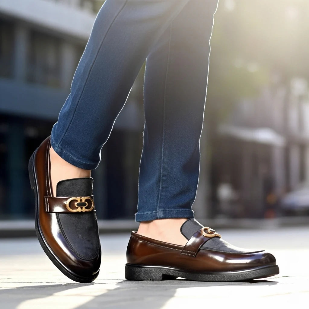 TWO TONE VELVET PATENT BROWN MEDICATED LOAFER