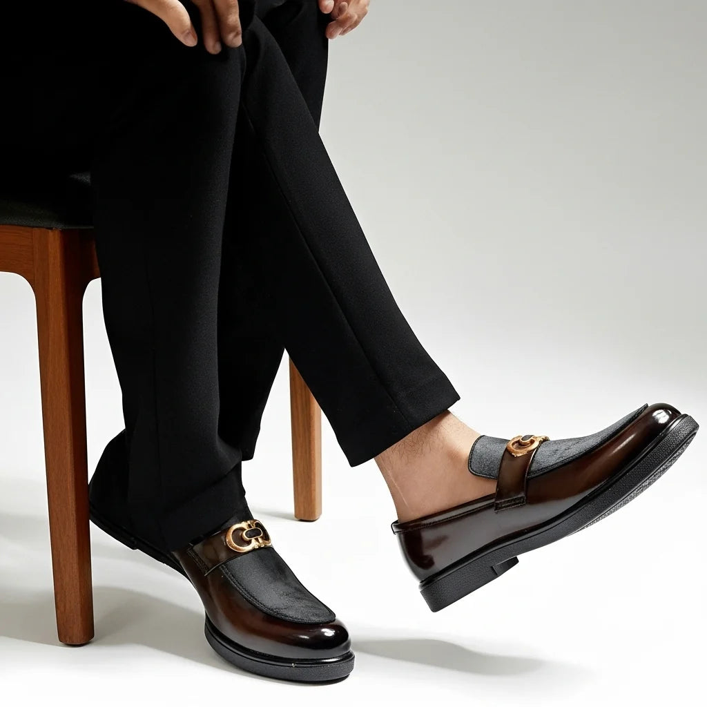 TWO TONE VELVET PATENT BROWN MEDICATED LOAFER